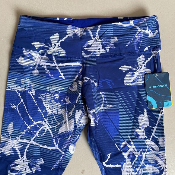 Brooks Cropped Floral Running Leggings Blue Medium - Picture 4 of 4